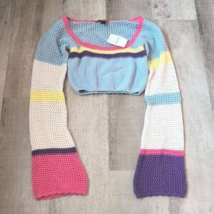 New Forever 21 Size M Bell Sleeve Color Block Crochet Crop Sweater Top Colorful